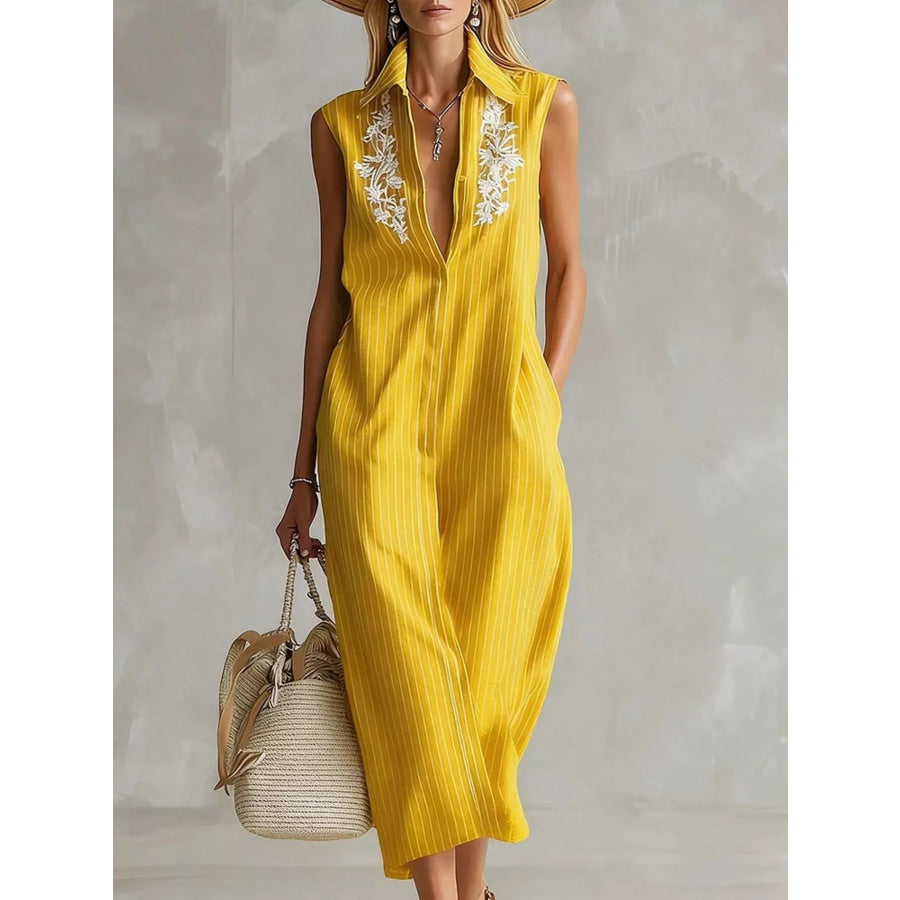 Full Size Striped Sleeveless Collared Neck Shirt Dress Plus Size Yellow / S Apparel and Accessories
