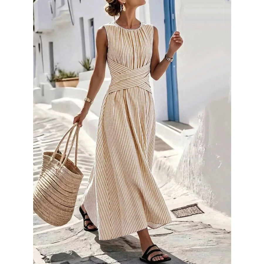 Full Size Striped Sleeveless Maxi Dress Plus Size Khaki / S Apparel and Accessories