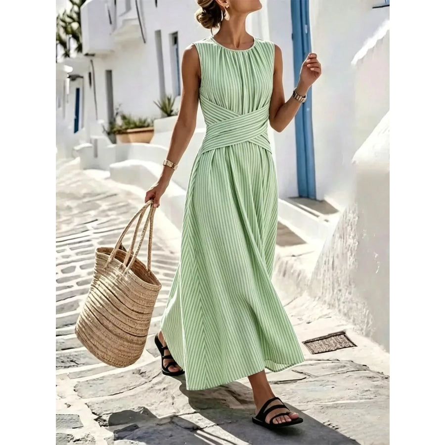 Full Size Striped Sleeveless Maxi Dress Plus Size Light Green / S Apparel and Accessories