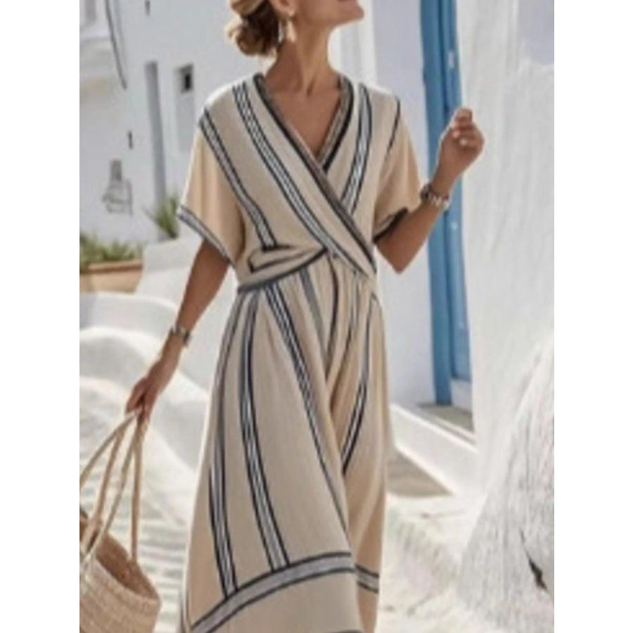 Full Size Striped Surplice Half Sleeve Midi Dress Plus Apparel and Accessories
