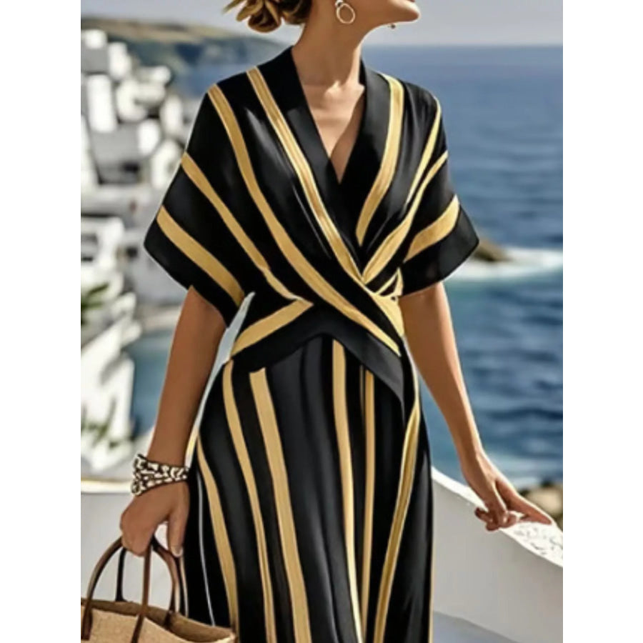 Full Size Striped Surplice Half Sleeve Midi Dress Plus Apparel and Accessories