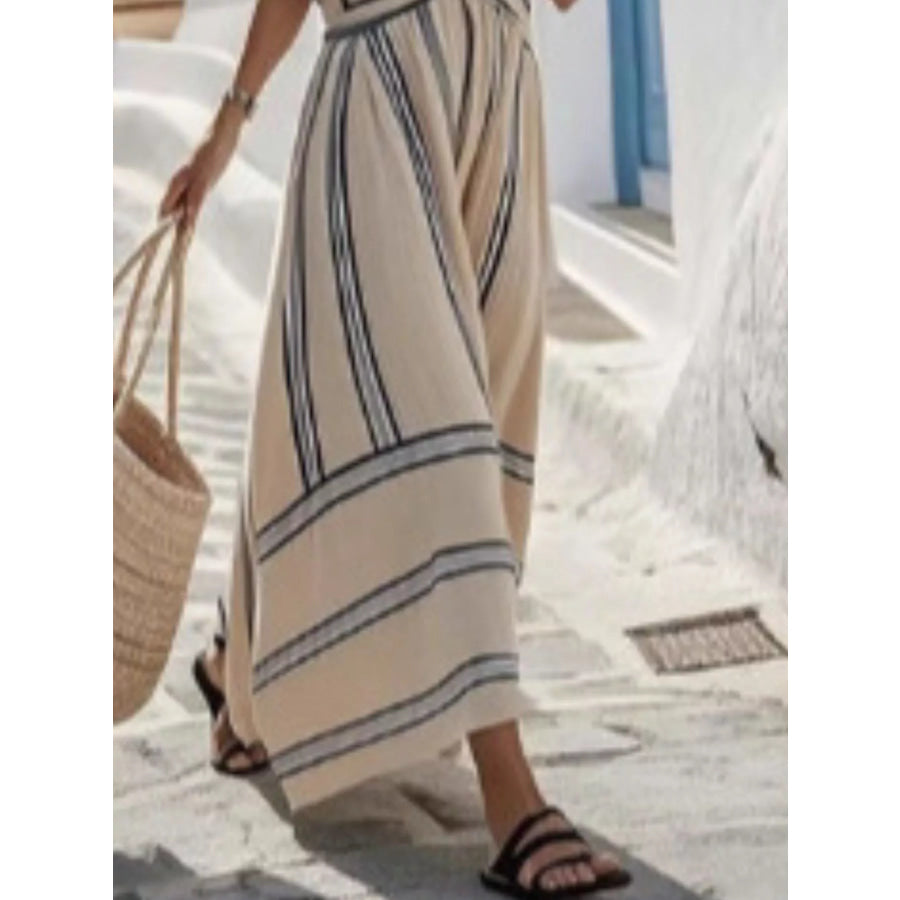 Full Size Striped Surplice Half Sleeve Midi Dress Plus Apparel and Accessories