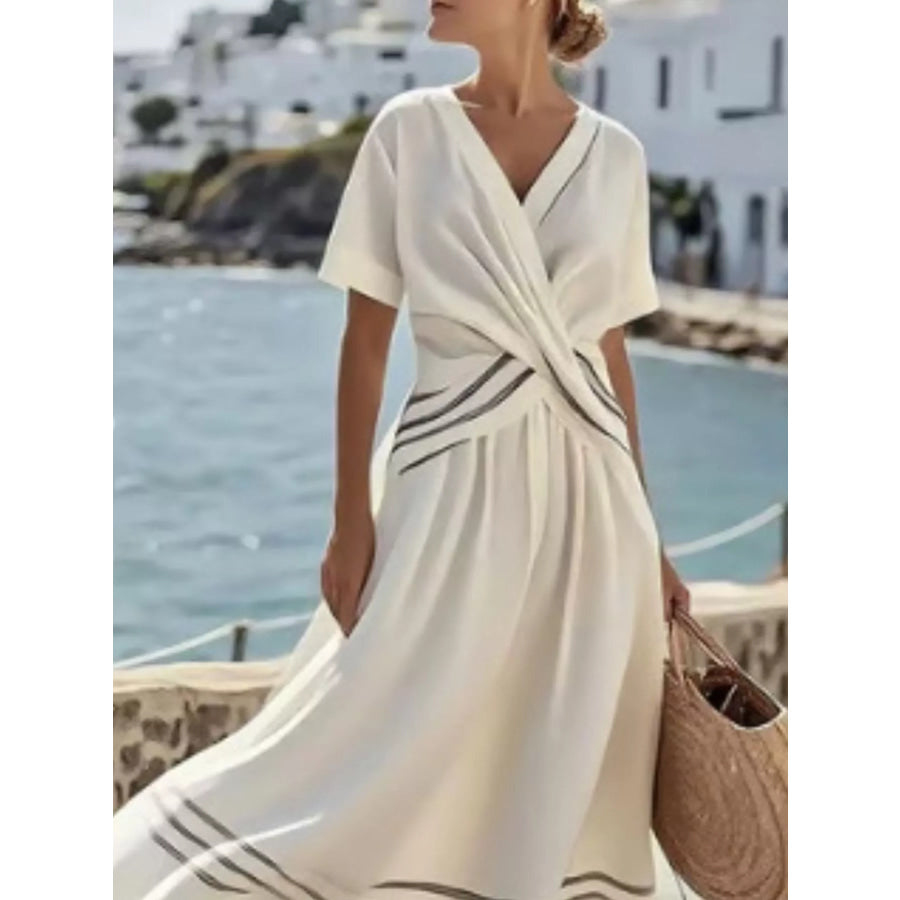 Full Size Striped Surplice Half Sleeve Midi Dress Plus Apparel and Accessories