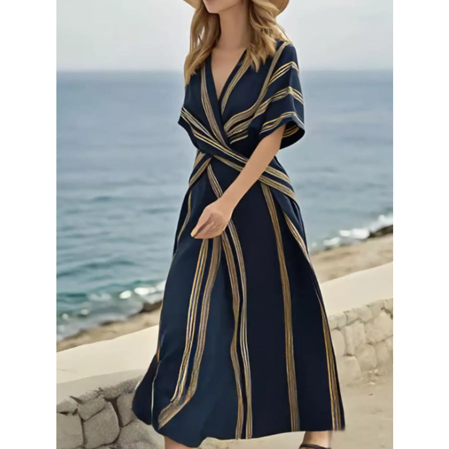 Full Size Striped Surplice Half Sleeve Midi Dress Plus Apparel and Accessories