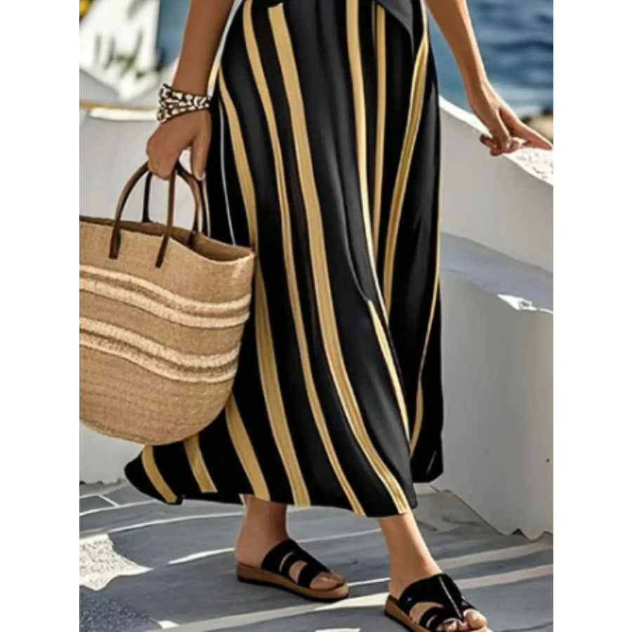 Full Size Striped Surplice Half Sleeve Midi Dress Plus Apparel and Accessories