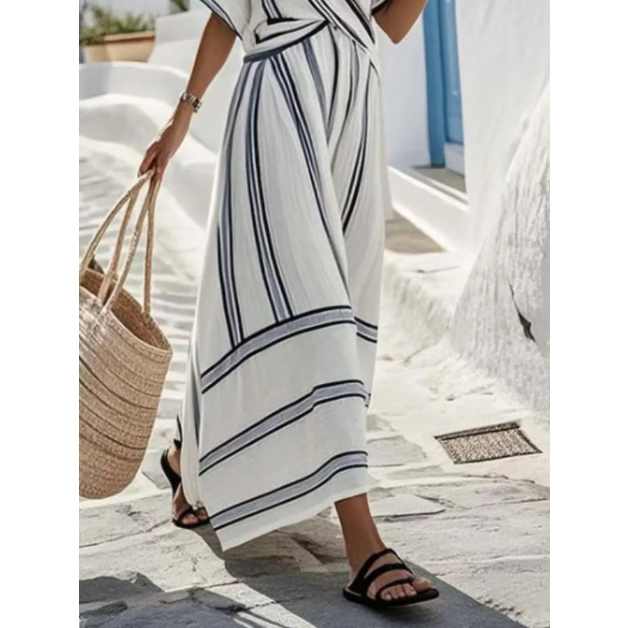 Full Size Striped Surplice Half Sleeve Midi Dress Plus Apparel and Accessories
