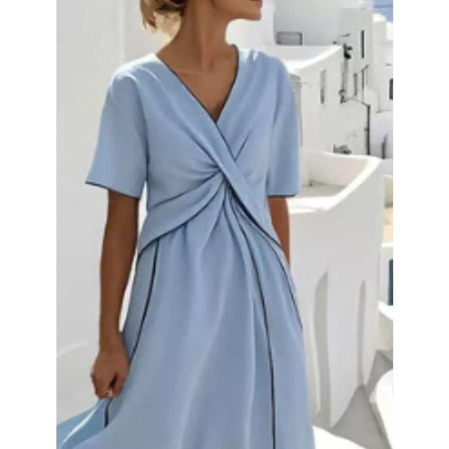 Full Size Striped Surplice Half Sleeve Midi Dress Plus Apparel and Accessories