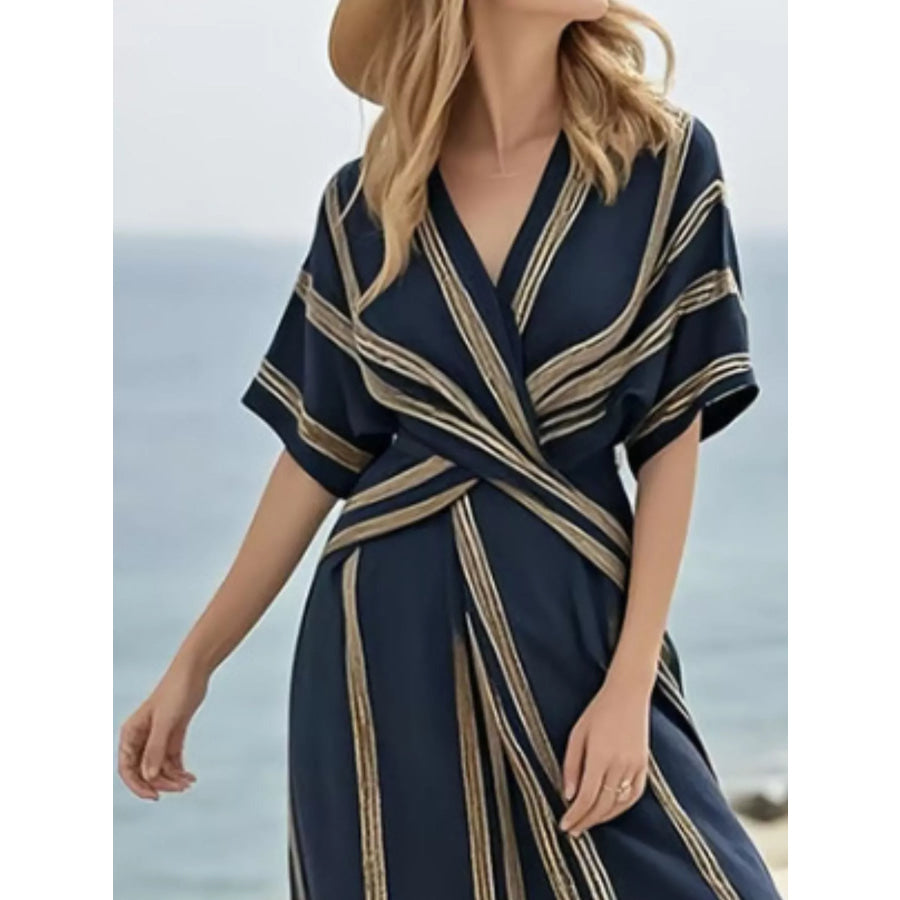 Full Size Striped Surplice Half Sleeve Midi Dress Plus Apparel and Accessories