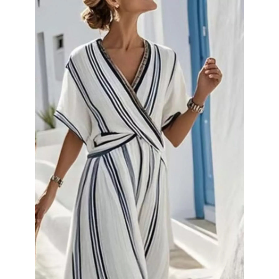 Full Size Striped Surplice Half Sleeve Midi Dress Plus Multicolor / S Apparel and Accessories