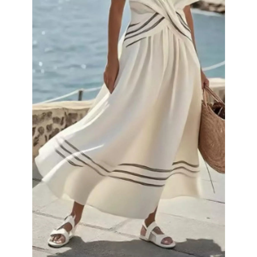 Full Size Striped Surplice Half Sleeve Midi Dress Plus Apparel and Accessories