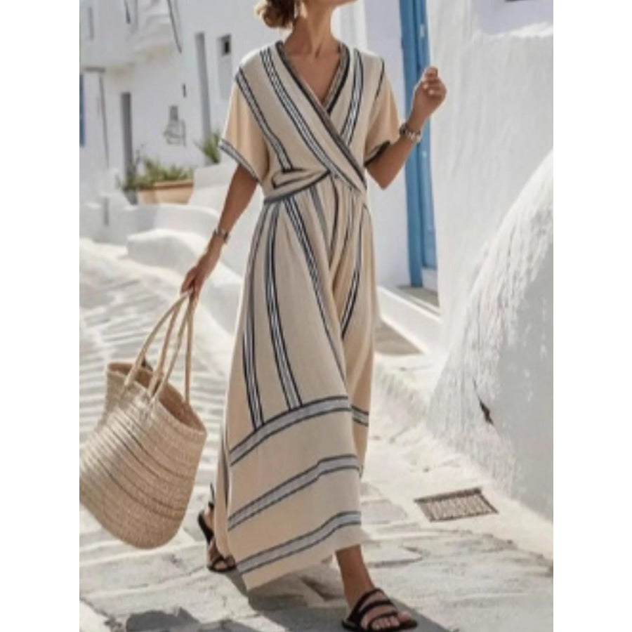 Full Size Striped Surplice Half Sleeve Midi Dress Plus Beige / S Apparel and Accessories