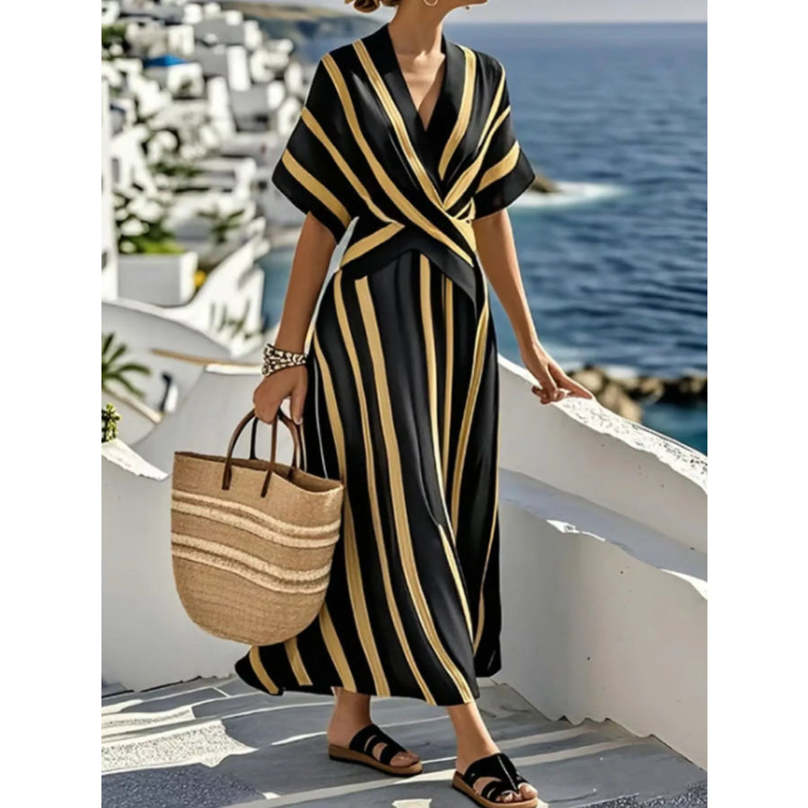 Full Size Striped Surplice Half Sleeve Midi Dress Plus Black / S Apparel and Accessories