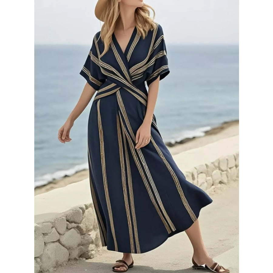 Full Size Striped Surplice Half Sleeve Midi Dress Plus Dark Navy / S Apparel and Accessories