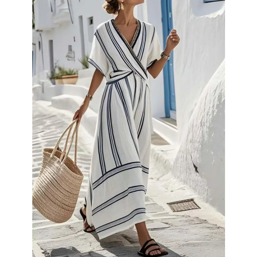 Full Size Striped Surplice Half Sleeve Midi Dress Plus Multicolor / S Apparel and Accessories