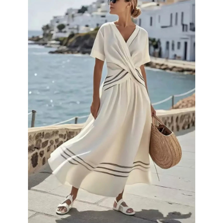 Full Size Striped Surplice Half Sleeve Midi Dress Plus White / S Apparel and Accessories