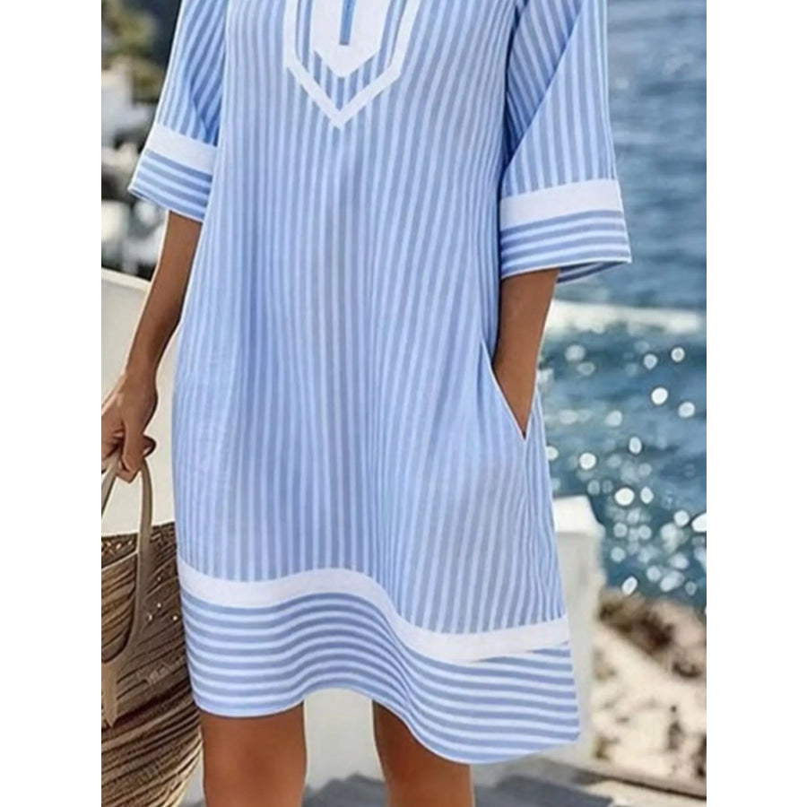 Full Size Striped V-Neck Casual Dress Plus Size Blue And White Strips / S Apparel and Accessories