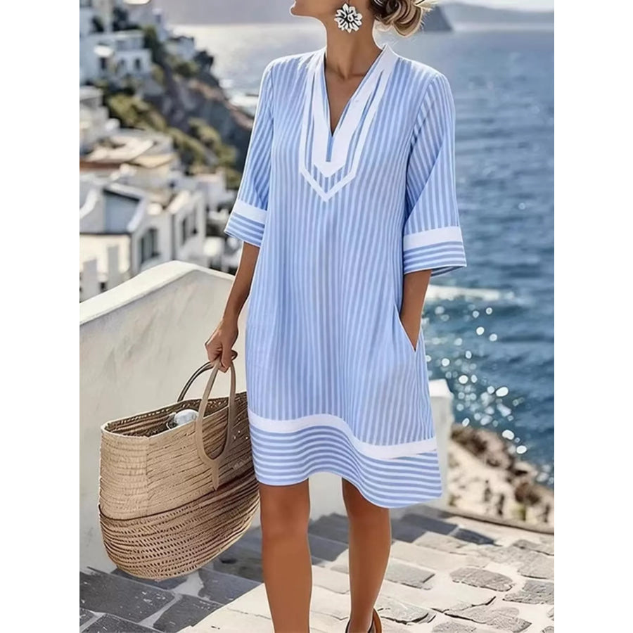 Full Size Striped V-Neck Casual Dress Plus Size Blue And White Strips / S Apparel and Accessories
