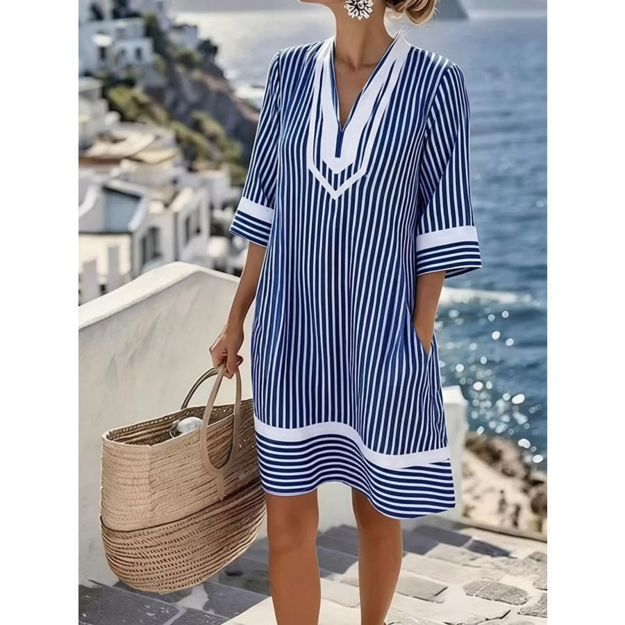 Full Size Striped V-Neck Casual Dress Plus Size Navy Blue / S Apparel and Accessories