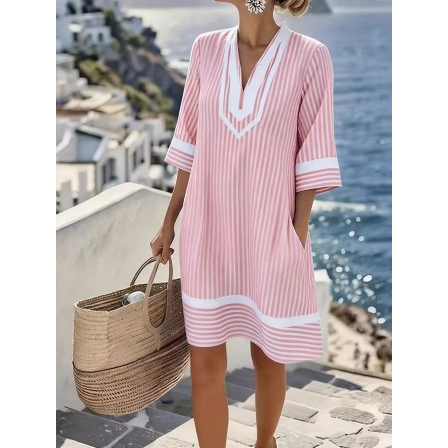 Full Size Striped V-Neck Casual Dress Plus Size Pink / S Apparel and Accessories