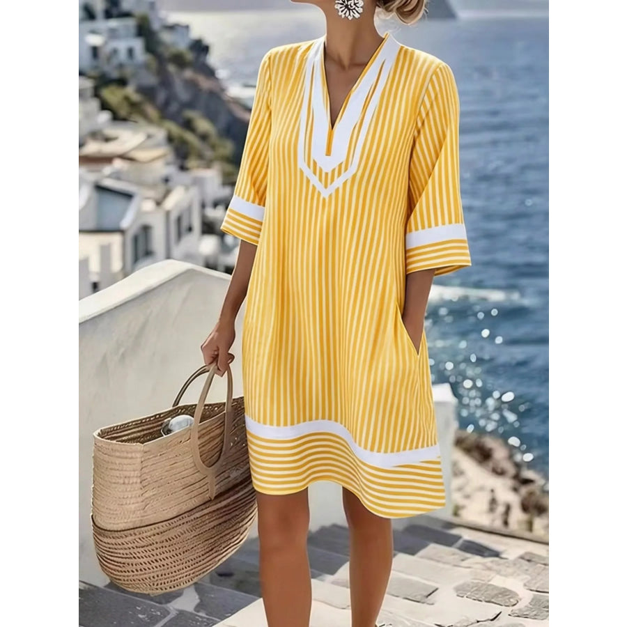 Full Size Striped V-Neck Casual Dress Plus Size Yellow / S Apparel and Accessories