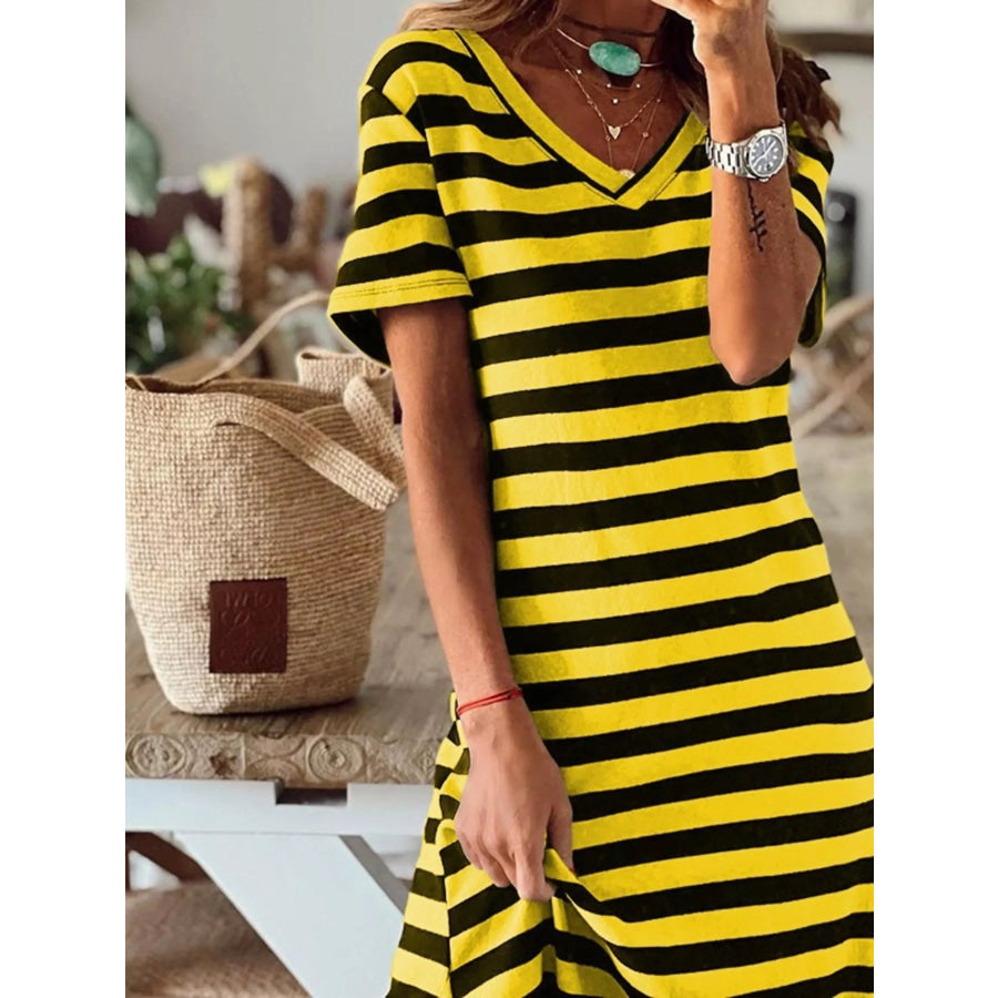 Full Size Striped V-Neck Midi Dress with Side Slit Plus Apparel and Accessories