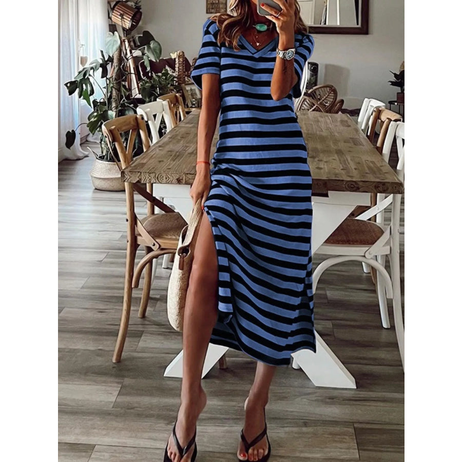 Full Size Striped V-Neck Midi Dress with Side Slit Plus Blue / S Apparel and Accessories