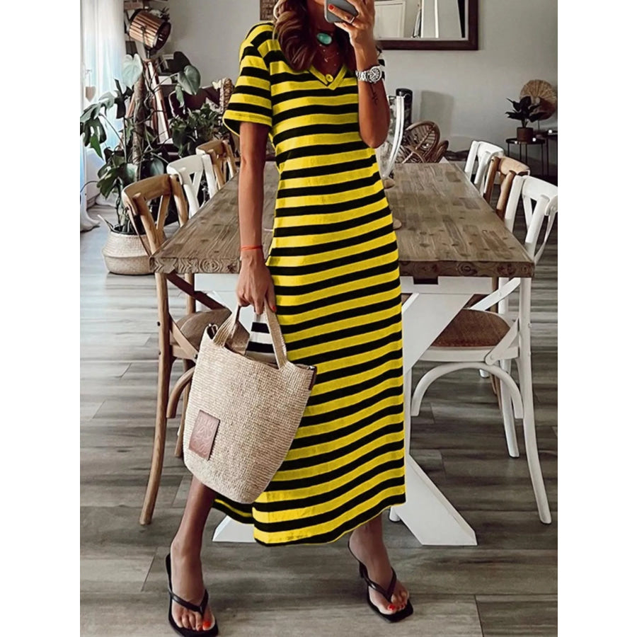 Full Size Striped V-Neck Midi Dress with Side Slit Plus Yellow / S Apparel and Accessories