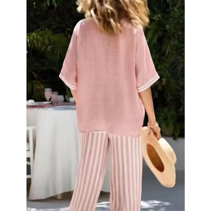 Full Size Striped V-Neck Top and Wide Leg Pants Set Plus Size Apparel and Accessories