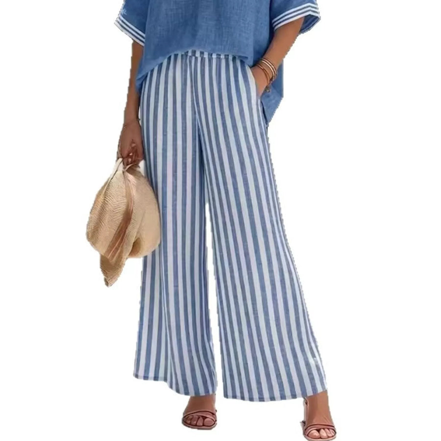 Full Size Striped V-Neck Top and Wide Leg Pants Set Plus Size Apparel and Accessories