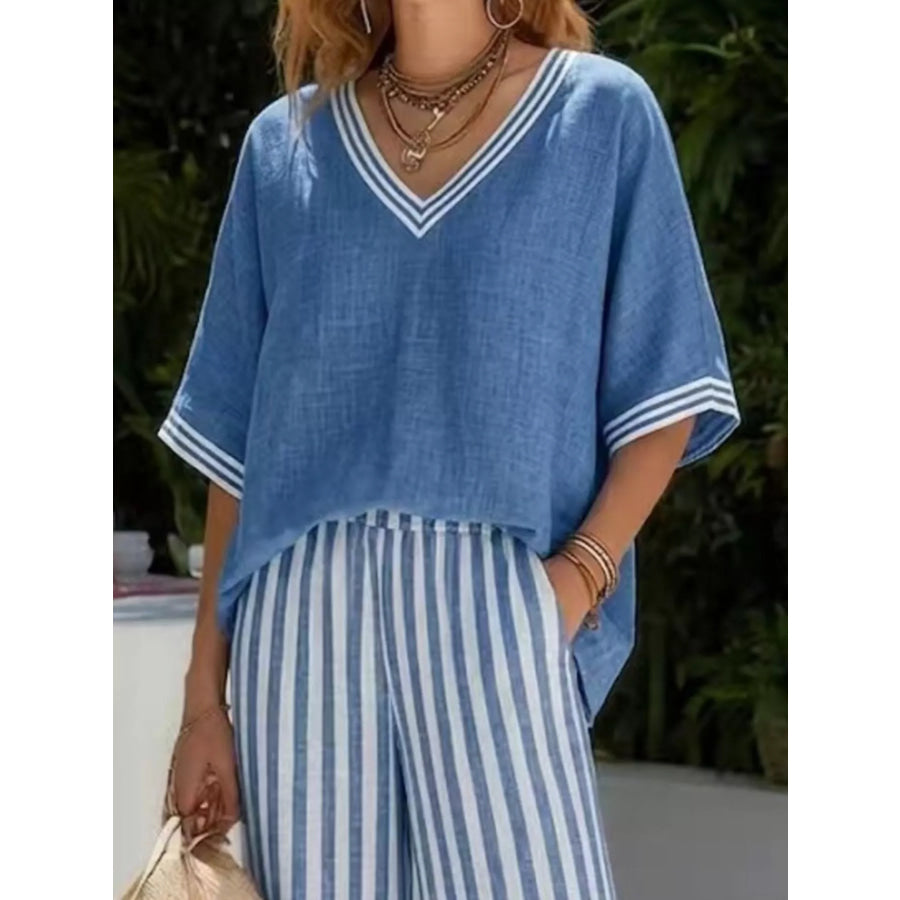 Full Size Striped V-Neck Top and Wide Leg Pants Set Plus Size Apparel and Accessories