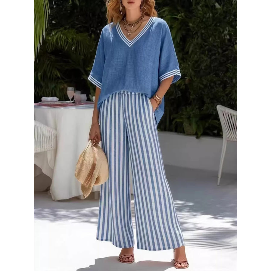 Full Size Striped V-Neck Top and Wide Leg Pants Set Plus Size Blue / XS Apparel and Accessories
