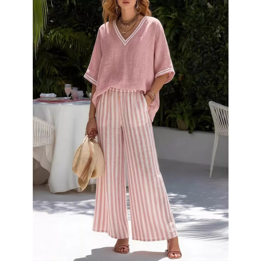 Full Size Striped V-Neck Top and Wide Leg Pants Set Plus Size Pink / XS Apparel and Accessories