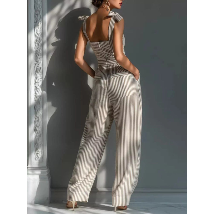 Full Size Striped Wide-Leg Jumpsuit with Tie-Shoulder Detail Plus Apparel and Accessories