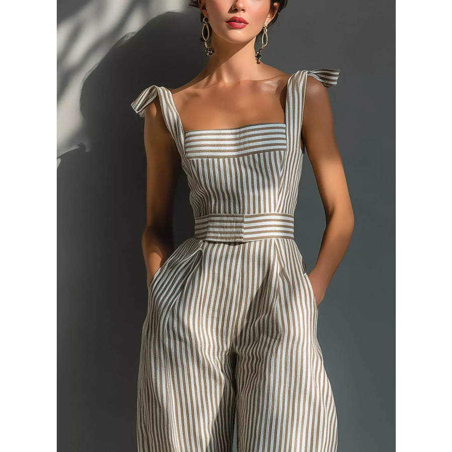 Full Size Striped Wide-Leg Jumpsuit with Tie-Shoulder Detail Plus Apparel and Accessories