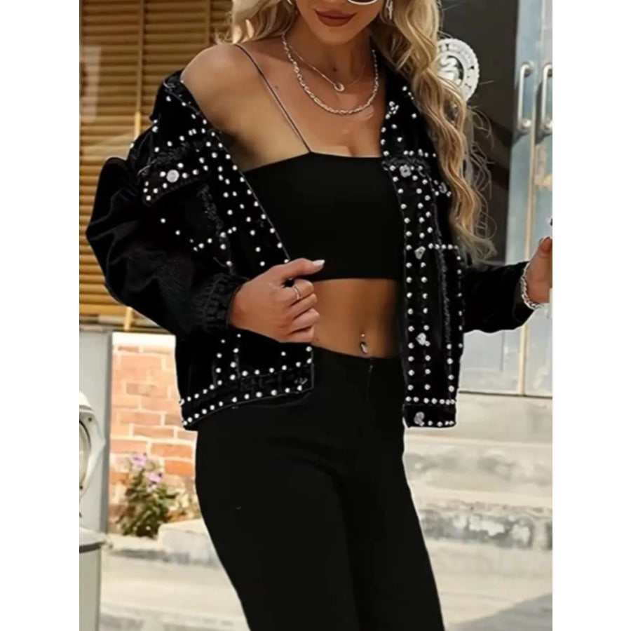 Full Size Studded Button Up Denim Jacket Plus Apparel and Accessories