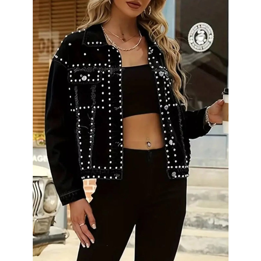 Full Size Studded Button Up Denim Jacket Plus Black / S Apparel and Accessories