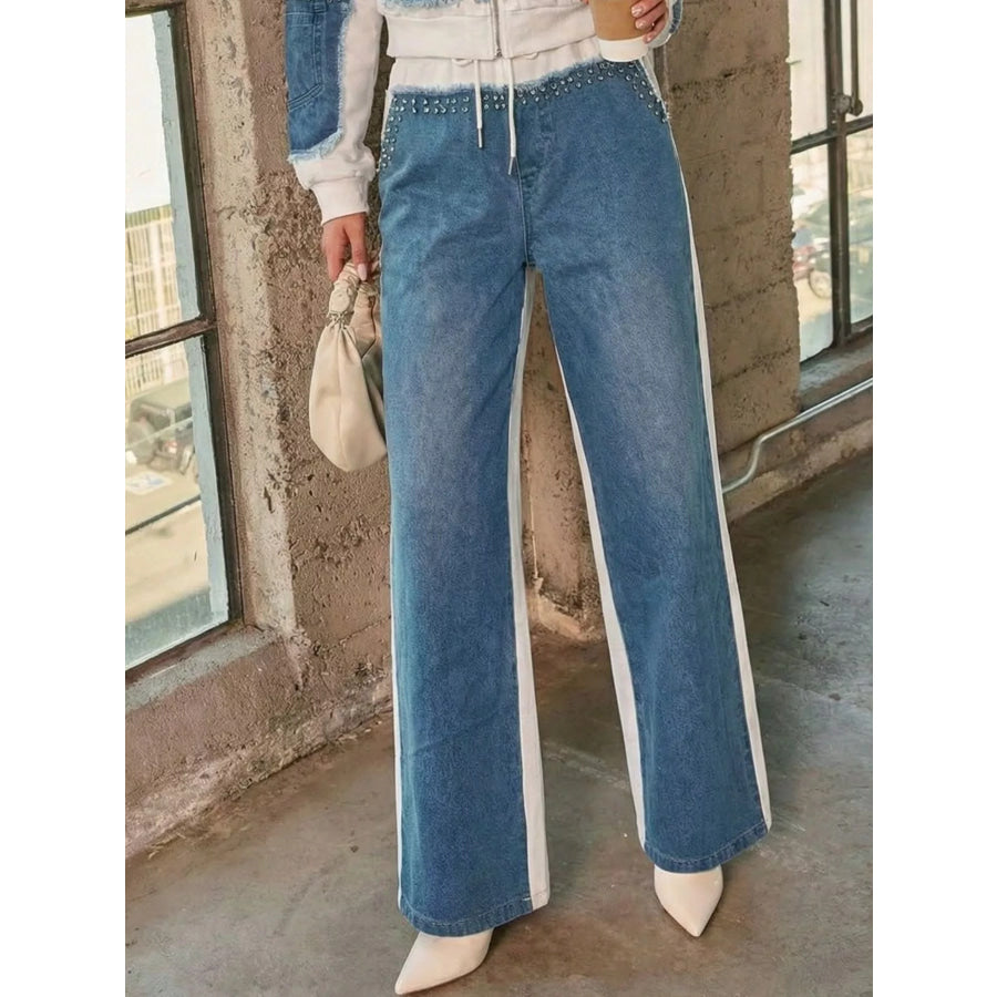 Full Size Studded Denim Patchwork Hoodie and Joggers Set Plus Apparel Accessories