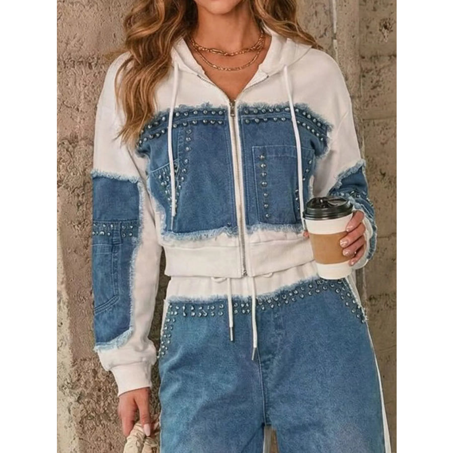 Full Size Studded Denim Patchwork Hoodie and Joggers Set Plus Apparel Accessories