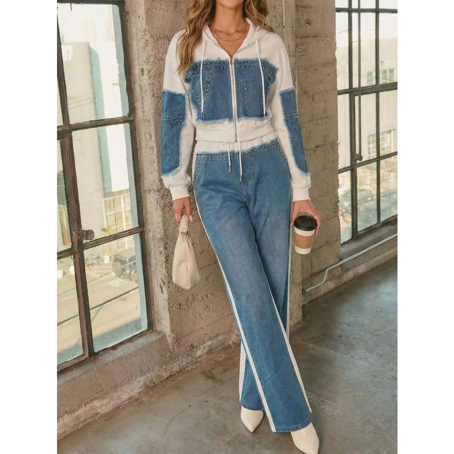 Full Size Studded Denim Patchwork Hoodie and Joggers Set Plus Apparel Accessories