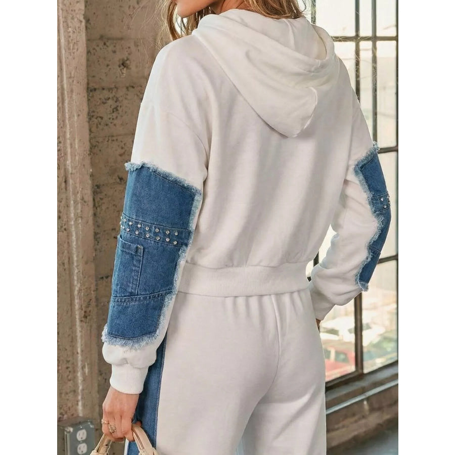 Full Size Studded Denim Patchwork Hoodie and Joggers Set Plus Apparel Accessories