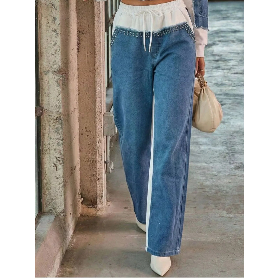 Full Size Studded Denim Patchwork Hoodie and Joggers Set Plus Apparel Accessories