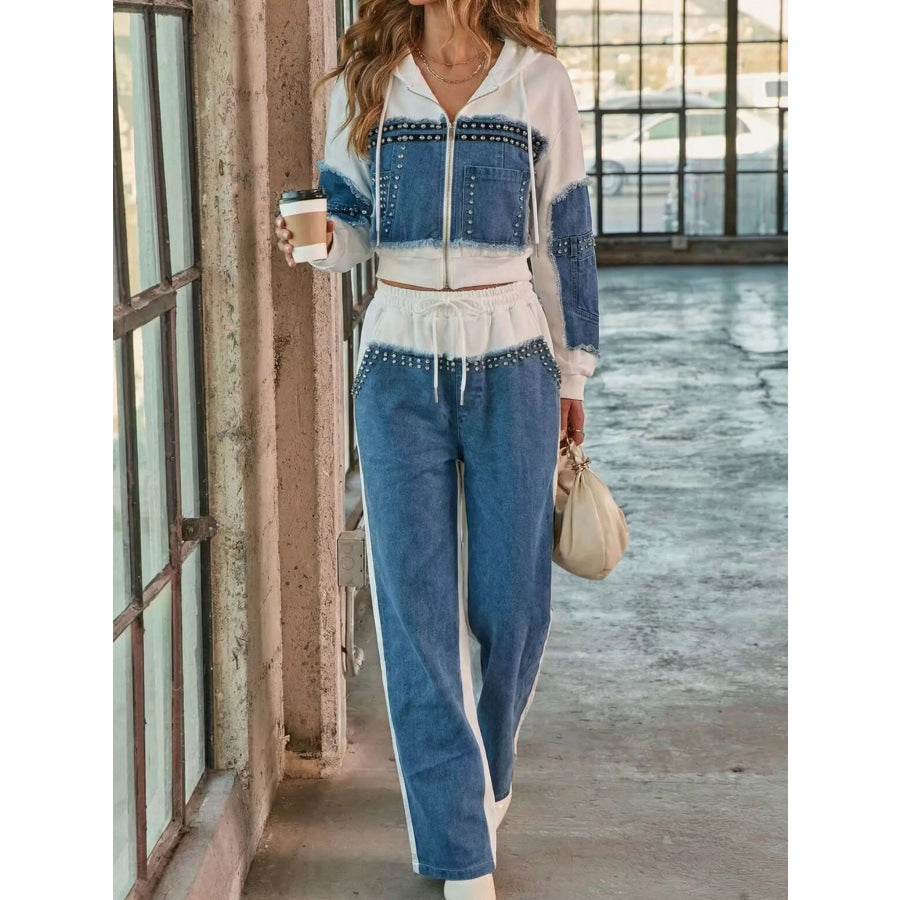 Full Size Studded Denim Patchwork Hoodie and Joggers Set Plus Medium / S Apparel Accessories