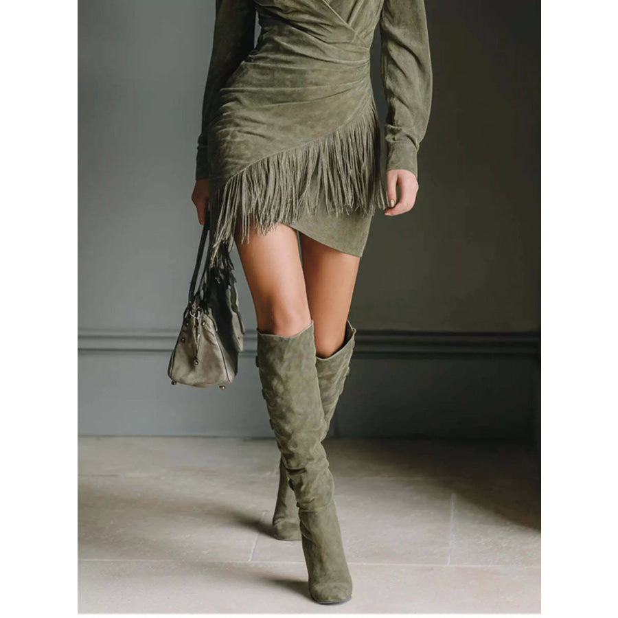 Full Size Suede Fringe Long Sleeve Dress Plus Size Apparel and Accessories