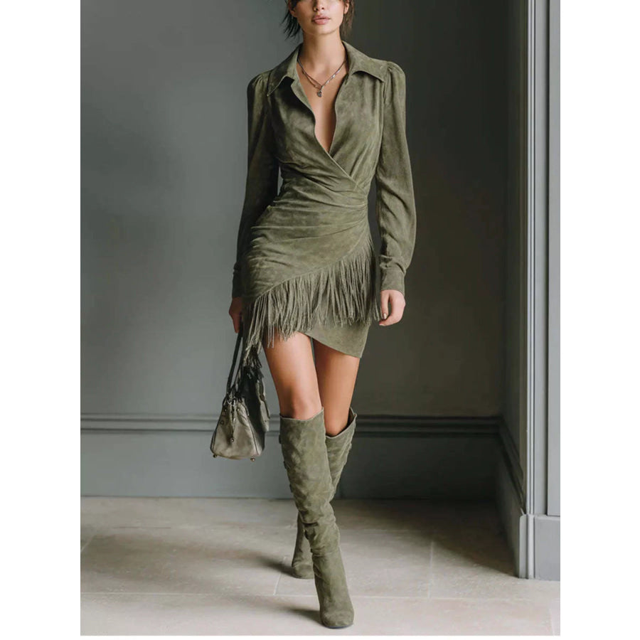 Full Size Suede Fringe Long Sleeve Dress Plus Size Dark Green / S Apparel and Accessories