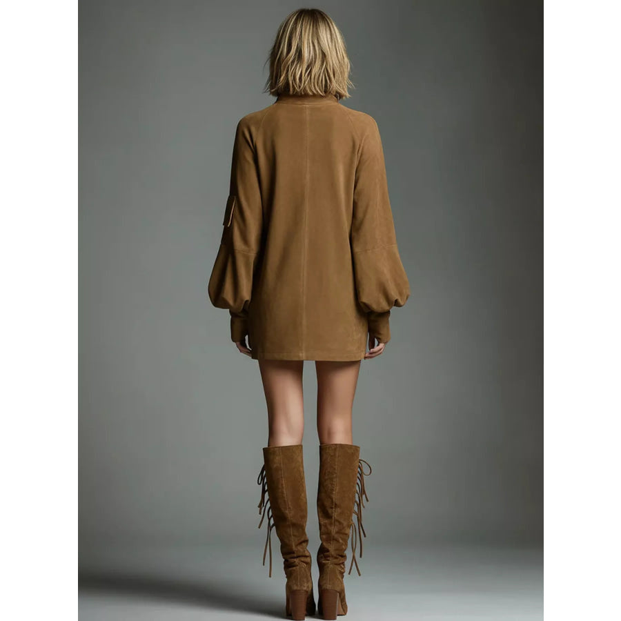 Full Size Suede Turtleneck Lantern Sleeve Mini Dress Plus Size Brown / S Apparel and Accessories