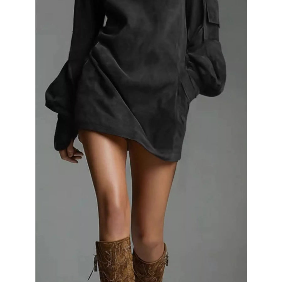 Full Size Suede Turtleneck Lantern Sleeve Mini Dress Plus Size Apparel and Accessories