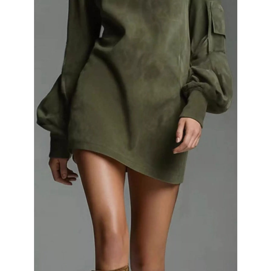Full Size Suede Turtleneck Lantern Sleeve Mini Dress Plus Size Apparel and Accessories