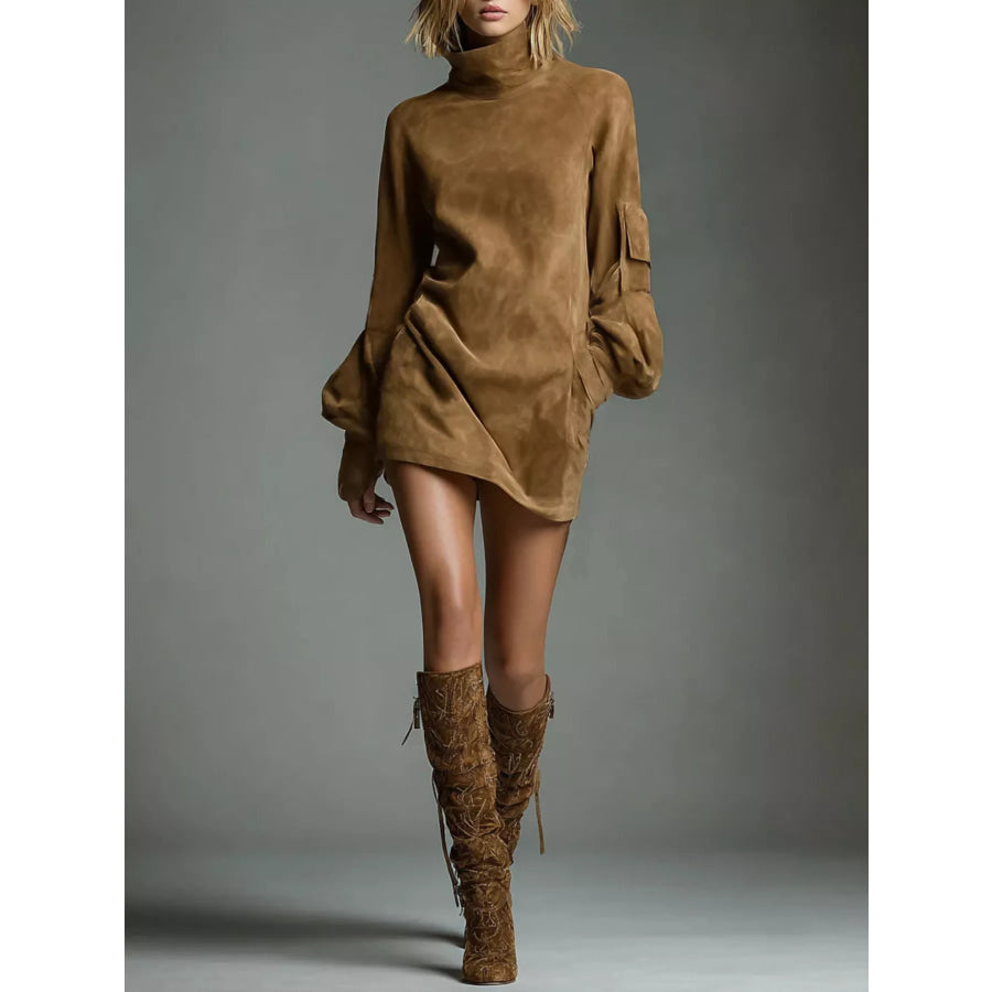 Full Size Suede Turtleneck Lantern Sleeve Mini Dress Plus Size Brown / S Apparel and Accessories