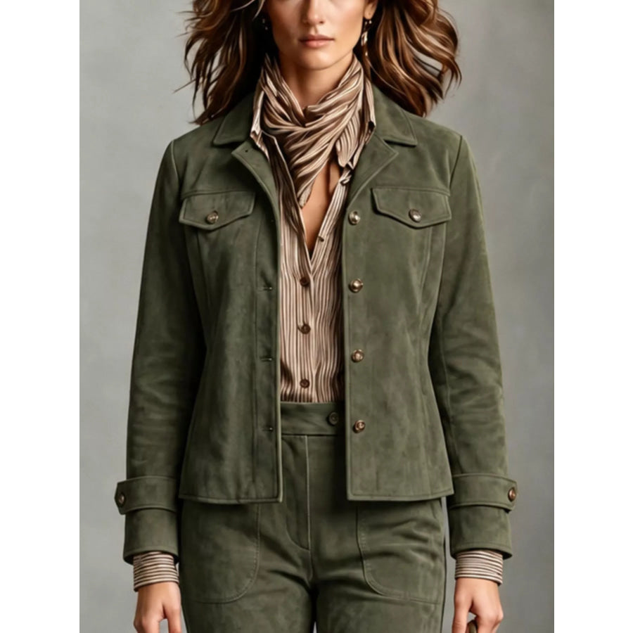 Full Size Suede Utility Blazer with Button-Front Detail Plus Apparel and Accessories