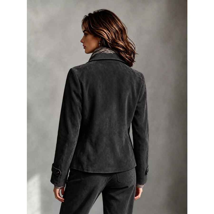 Full Size Suede Utility Blazer with Button-Front Detail Plus Apparel and Accessories
